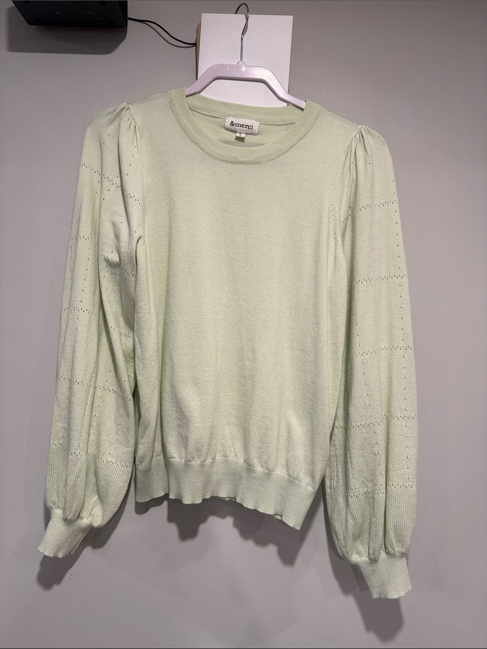 &merci Pale Green Puff-Sleeve Crewneck Sweater